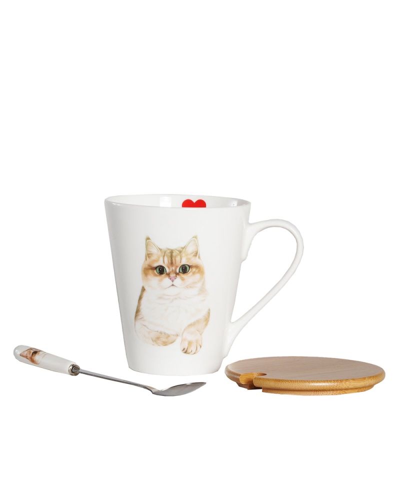 Pet Portrait Porcelain Water Cup With Lid & Spoon - British Shorthair(Golden)