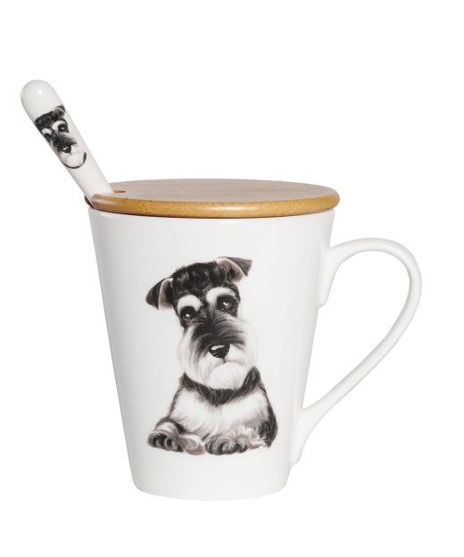 Pet Portrait Porcelain Water Cup with Lid & Spoon - Schnauzer