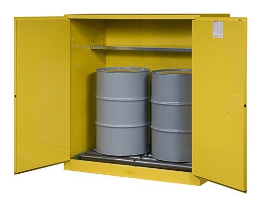 110 Gallon, 1 Shelf, Vertical Double-Duty Safety Cabinet With Drum Rollers, 2 Self-Close Doors, Sure-Grip® Ex, Yellow