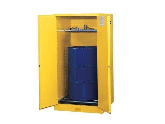 55 Gallon, 1 Drum Vertical, 1 Shelf, 2 Doors, Manual Close, Flammable Cabinet W/ Drum Rollers, Sure-Grip® Ex, Yellow