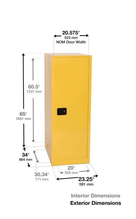 54 Gallon, 3 Shelves, 1 Door, Self Close, Flammable Cabinet, Sure-Grip® Ex Deep Slimline, Yellow