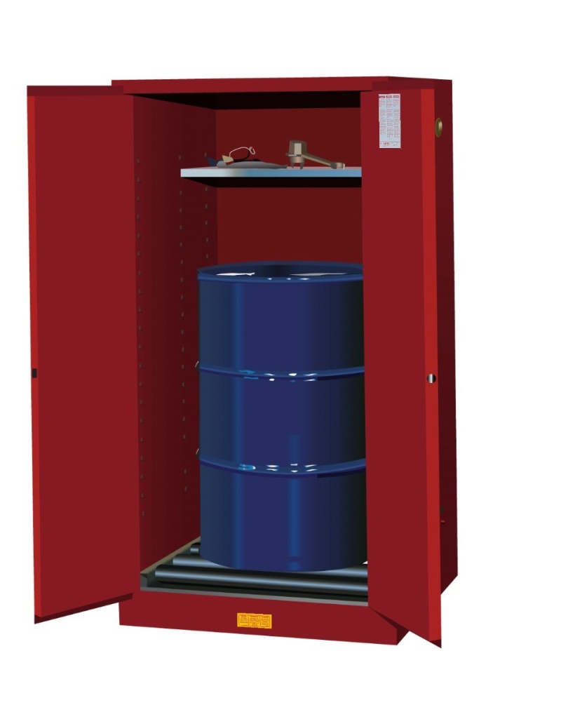 55 Gallon, 1 Drum Vertical, 1 Shelf, 2 Doors, Self-Close, Flammable Cabinet W/ Drum Rollers, Sure-Grip® Ex, Red