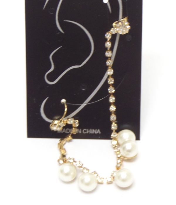Ear Clip And Post Link Rhinestone And Pearl Drop Earring
