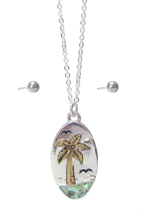 Sealife Theme Abalone Pendant Necklace Set - Palm Tree