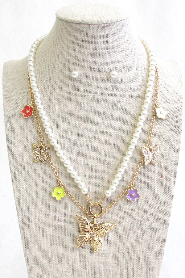 Garden Theme Double Layer Pearl Necklace Set - Butterfly