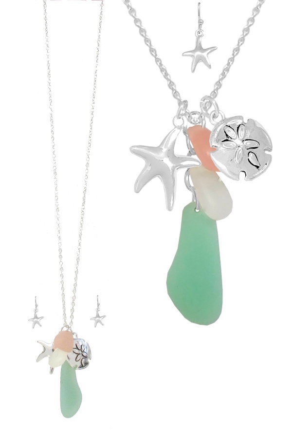 Sealife Theme Multi Seaglass Charm Pendant Necklace Set - Starfish Sea Glass