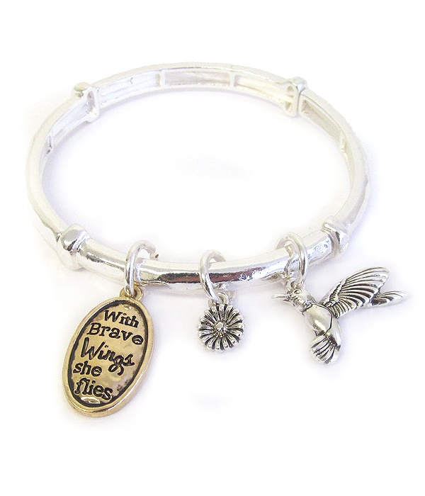 Inspiration Message Bird Charm Stretch Bracelet - With Brave Wings She Flies