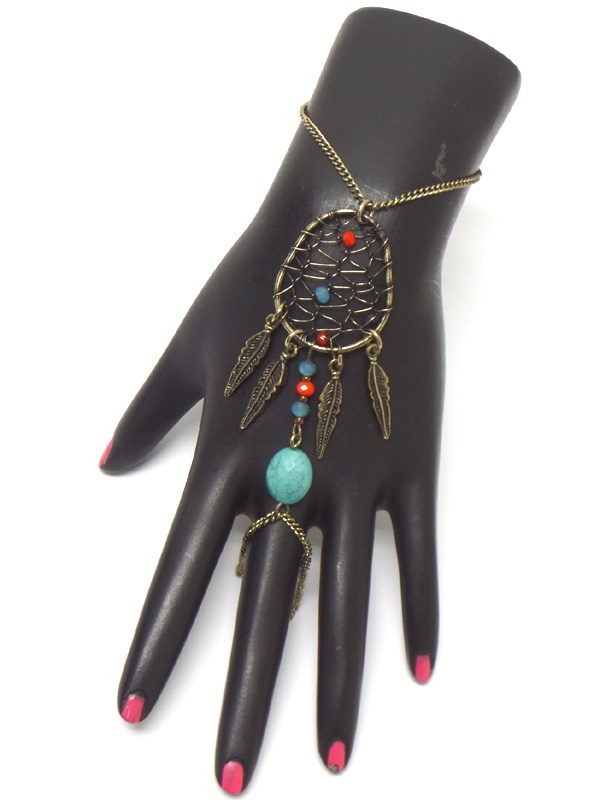 Boho Style Dream Catcher Turquoise Dangle Slave Ring And Bracelet Set