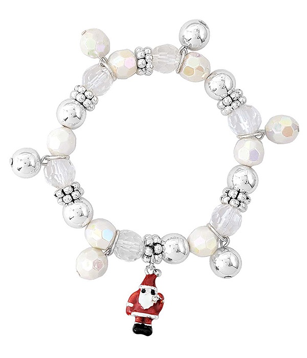 Christmas Theme Epoxy Charm And Multi Bead Stretch Bracelet - Santa