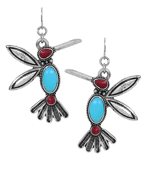 Aztec Theme Turquoise Thunderbird Earring -Western