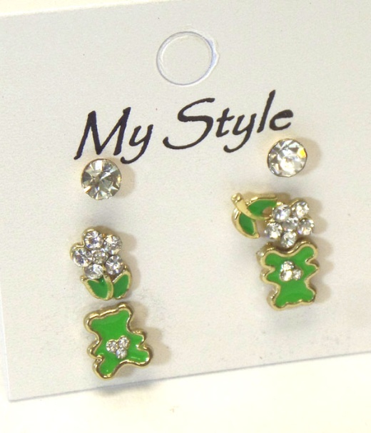 Crystal Flower And Bear 3 Pair Earring Set