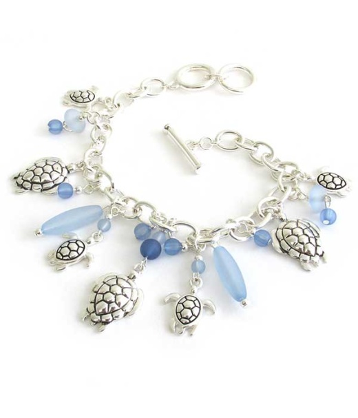 Sealife Theme Multi Charm Toggle Bracelet - Turtle Sea Glass