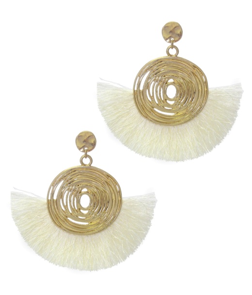 Metal Swirl Disc And Thread Tassel Earring