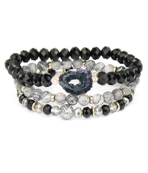 Druzy And Multi Glass Bead Mix 3 Stretch Bracelet Set