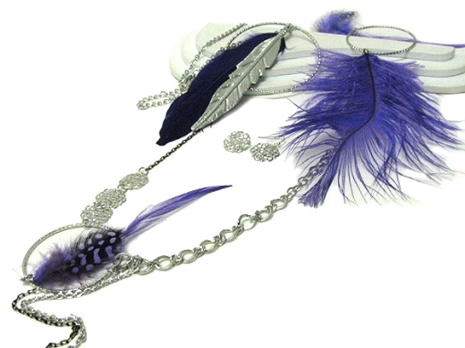 Feather Deco Long Necklace Hoop Earring Set - Hoops