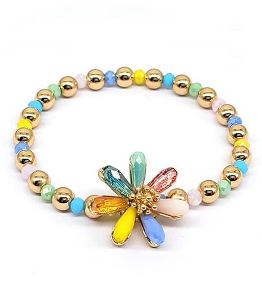 Garden Theme Facet Stone Flower and Multi Ball Bead Stretch Bracelet