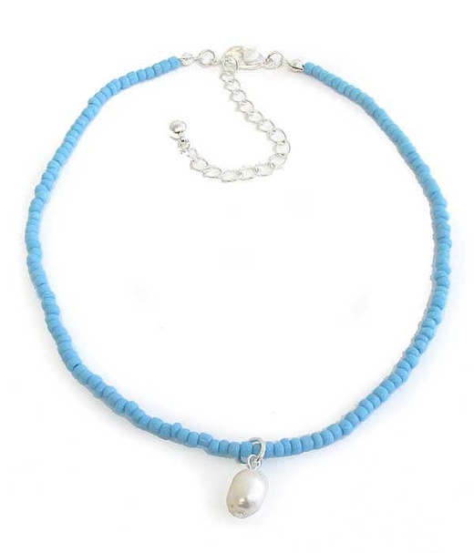 Freshwater Pearl Pendant And Seedbead Chain Choker Necklace BLU