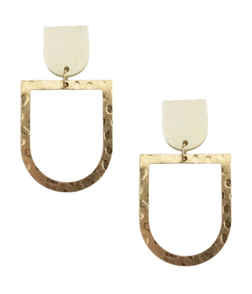 Wood And Hammered Metal Dangle Earrings