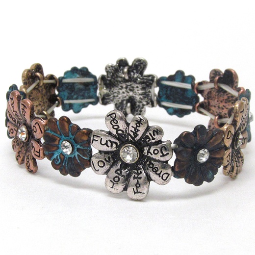 Crystal and Inspiration Message Flower Link Patina Stretch Bracelet