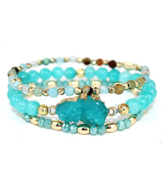 Druzy And Multi Glass Bead Mix 3 Stretch Bracelet Set