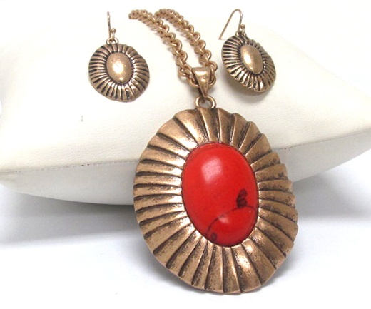 Natural Oval Stone Pendant Necklace Earring Set