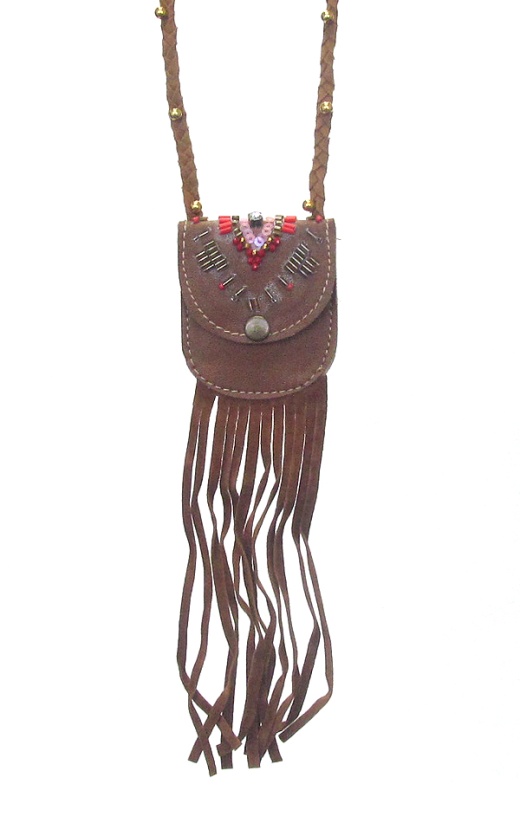Multi Seed Bead and Leather Pocket Pendant Long Necklace
