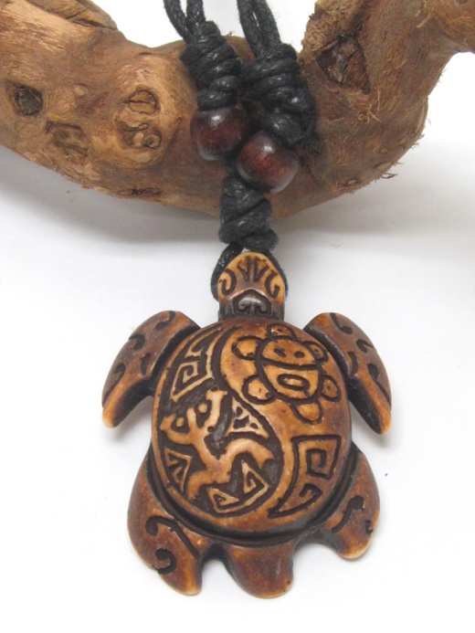 Taino Tribal Style Carved Horn Amulet Pendant Necklace - Turtle
