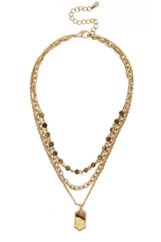 Semi Precious Stone Pendant Triple Layer Necklace