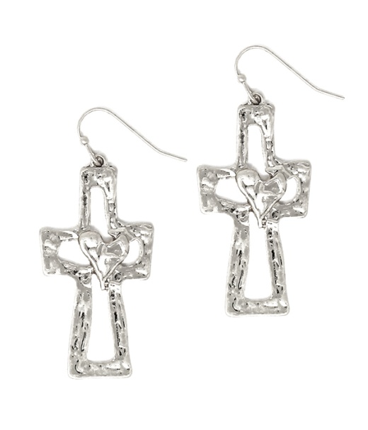 Textured Metal Cross and Heart Earring