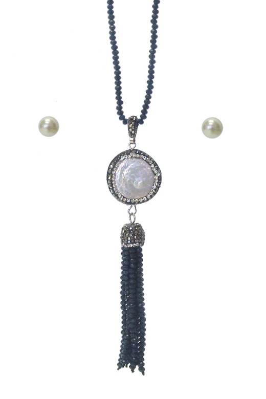 Double Side Crystal and Mop Pendant Necklace Set