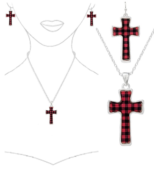 Plaid Pattern Cross Necklace Set
