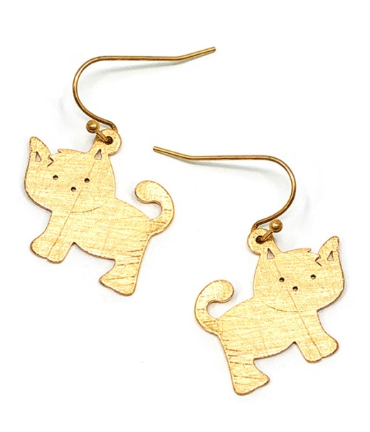 Pet Lovers Theme Scratch Metal Cat Earring - Brass Metal