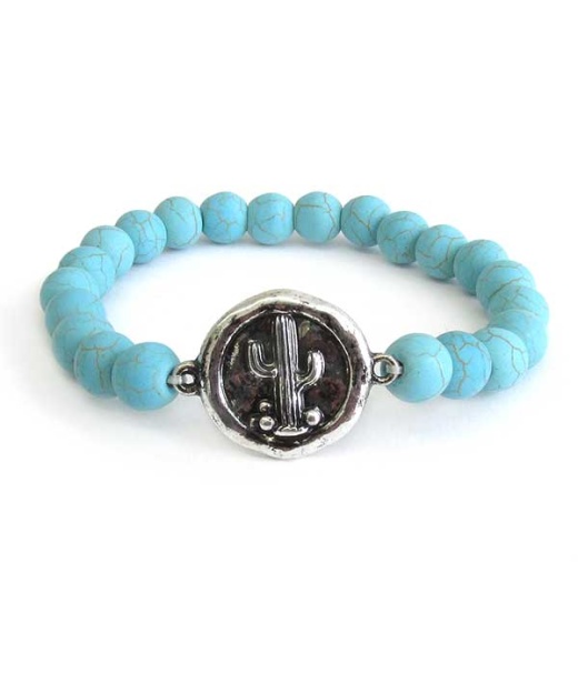 Western Theme Stone Stretch Bracelet - Cactus