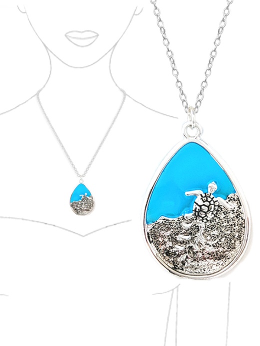 Sealife Theme Teardrop Epoxy Pendant Necklace - Turtle
