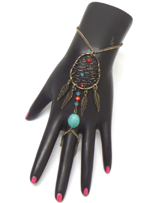 Boho Style Dream Catcher Turquoise Dangle Slave Ring and Bracelet Set