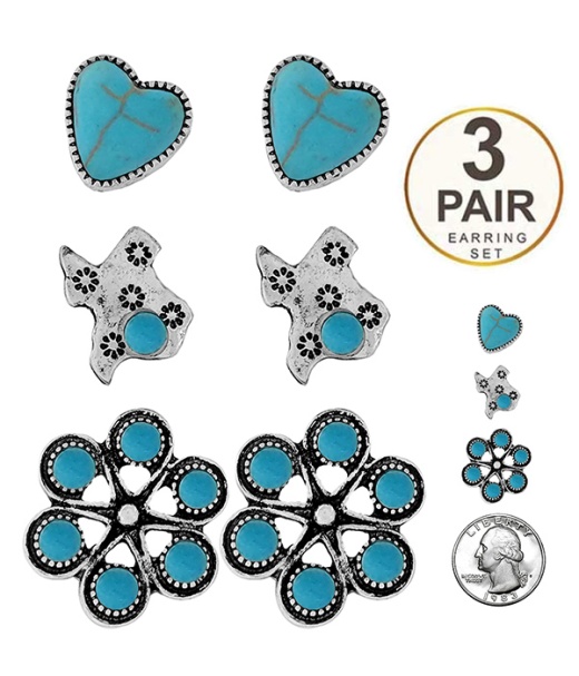 Western Theme 3 Pair Earring Set - Heart Texas Concho