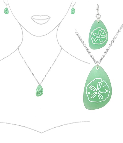 Sealife Theme Seaglass Carving Pendant Necklace Set - Sand Dollar
