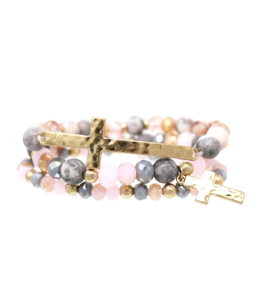 Triple Layer Semi Precious Stone Stretch Bracelet - Cross Dangle