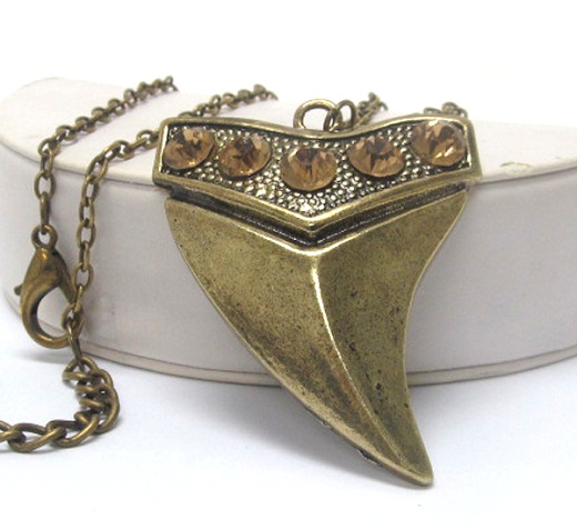 Crystal Deco Large Shark Teeth Pendant Long Necklace