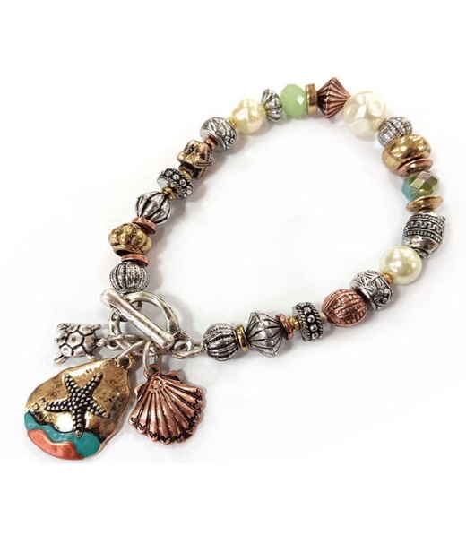Patina And Burnish Tri Tone Retro Vintage Stretch Bracelet - Starfish And Shell