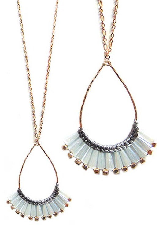 Multi Facet Stone and Wire Teardrop Pendant Long Necklace