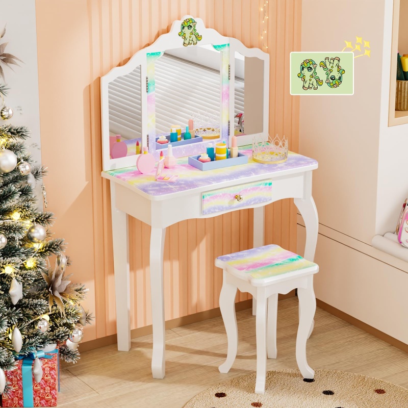 Joymor Luminous Unicorn Kids Vanity 2-In-1 Toddler Vanity W/Tri-Fold Mirror