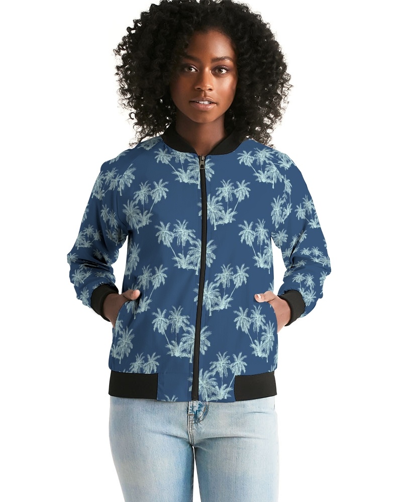 Neon Purple Tropical Palm Tree Butterfly Print Women's Bomber Jacket