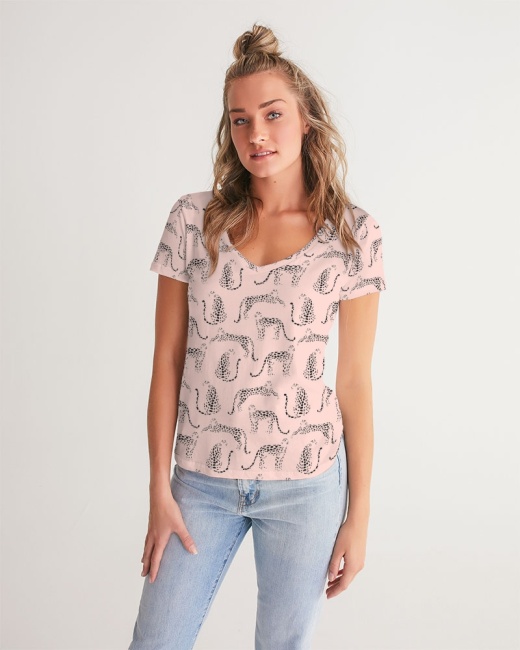 Women's V-Neck Tee Pink Cheetah Silhouette