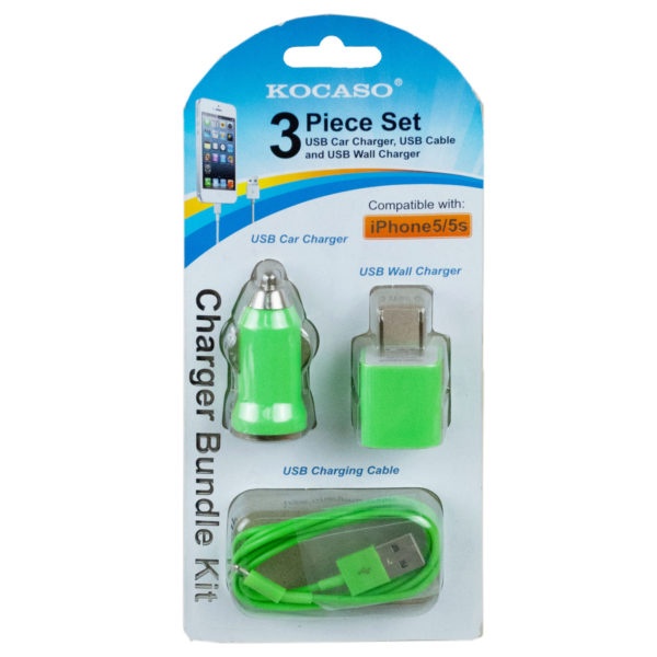 Green 3 Piece Iphone Charging Set With Wall And Car Charger, Pack Of 6