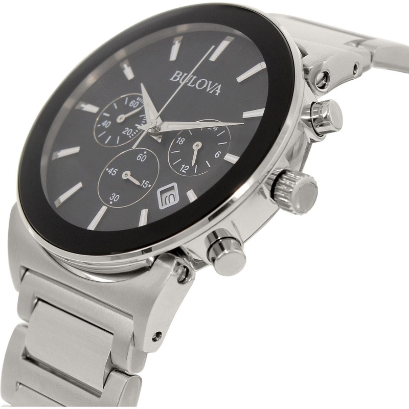 Bulova Silver Steel Black Dial Men's Chronograph Watch