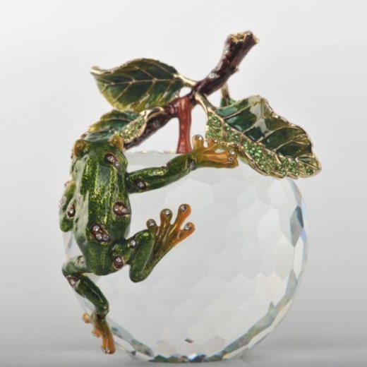 Crystal Apple With A Green Frog On It - Handmade Austrian Crystal Statue by Keren Kopal