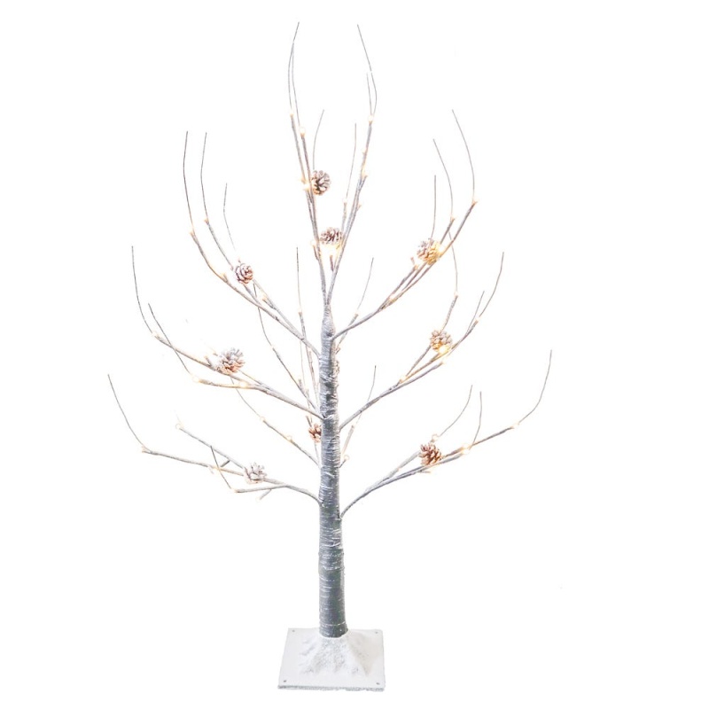 3' Pre-Lit Warm White Fairy Led Flocked Brown Bark Twig Tree With Pinecones