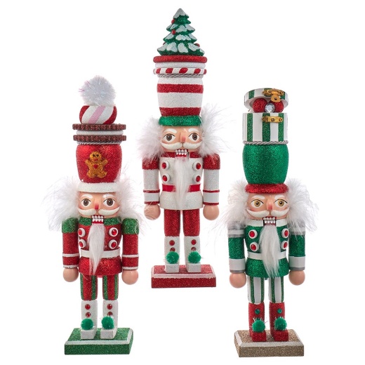 18" Hollywood Nutcrackers Red, Green & White Whimsical Hat Nutcrackers, 3 Assorted