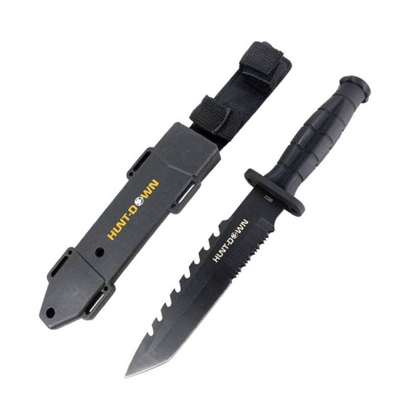 Hunt-Down 13" Tanto Point Hunting Knife With Plastic Sheath Grenade Design Handle